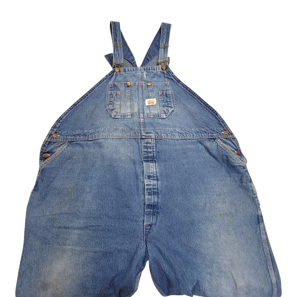 Vintage Round House Denim Bib Overalls Made in USA Distressed Workwear 58x32